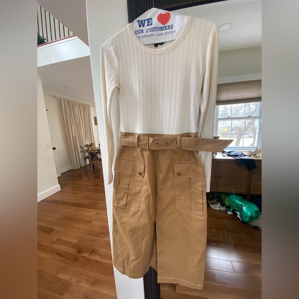 Veronica Beard Cream Ribbed Long Sleeve Top with Tan Cargo Skirt